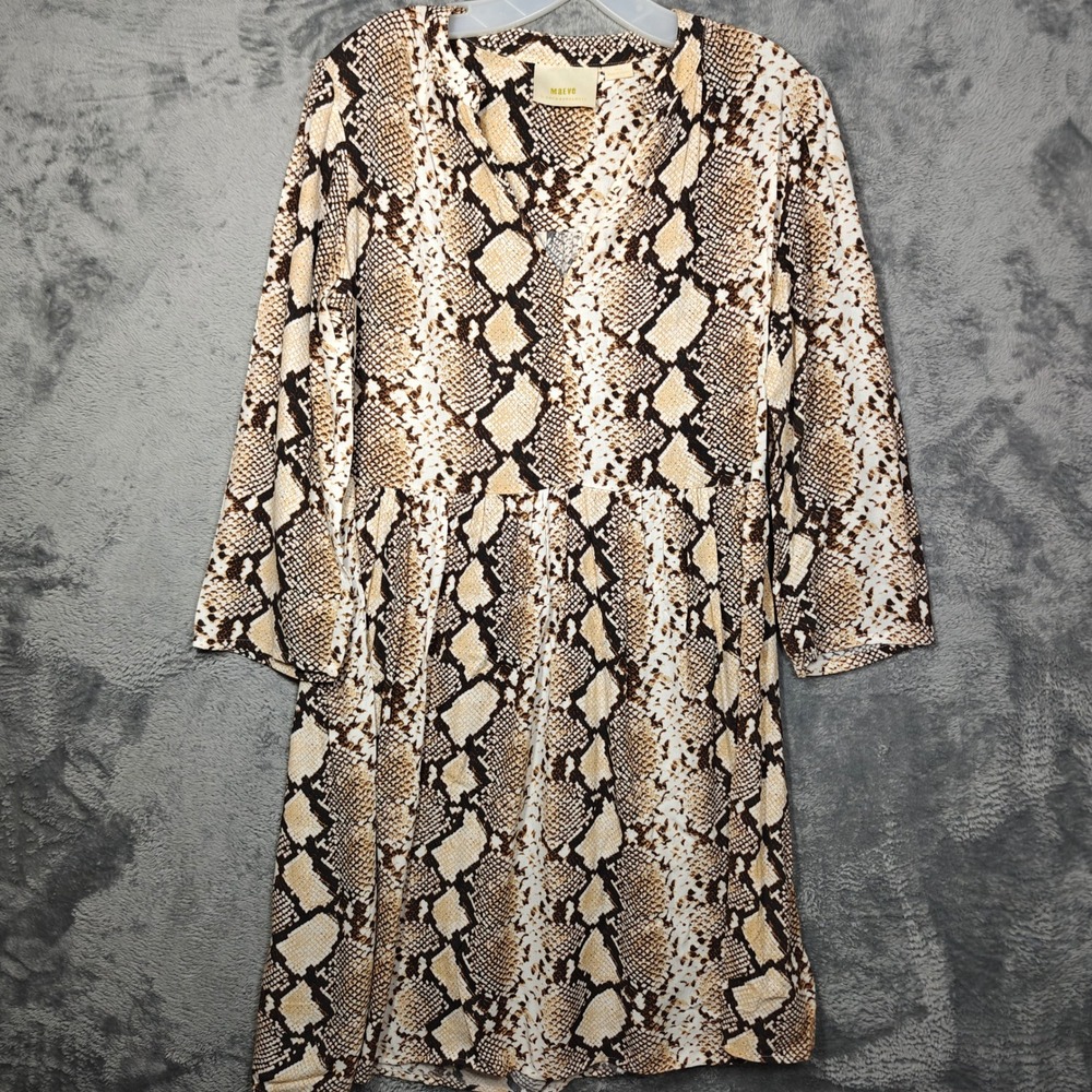 Maeve Anthropologie Tunic Dress Womens Small Brown Snakeskin Print V-Neck